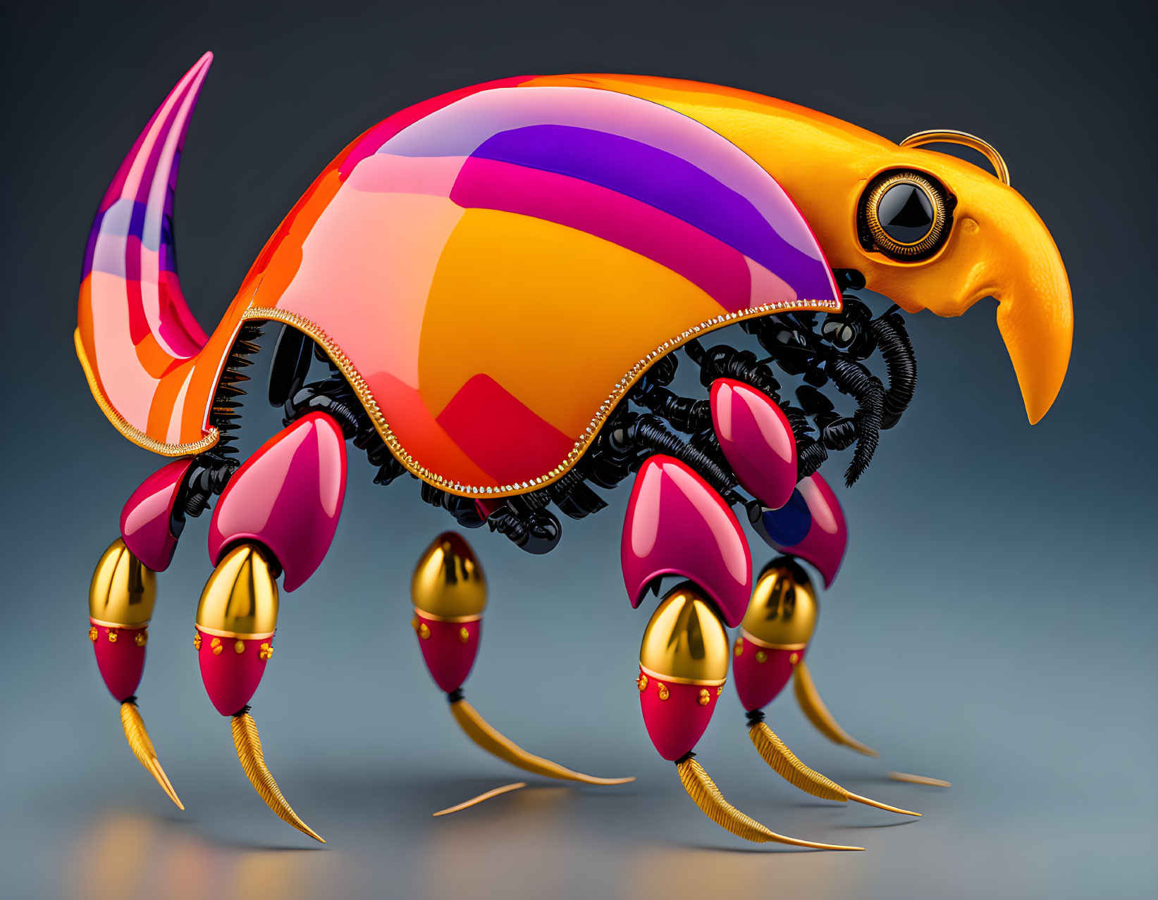 Colorful Robotic Flea with Gold-Tipped Legs on Gradient Background