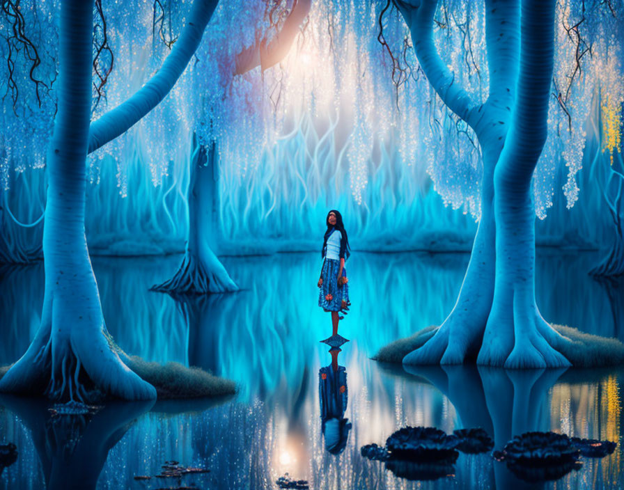 Person in Vibrant Blue Forest with Glowing Trees and Reflection