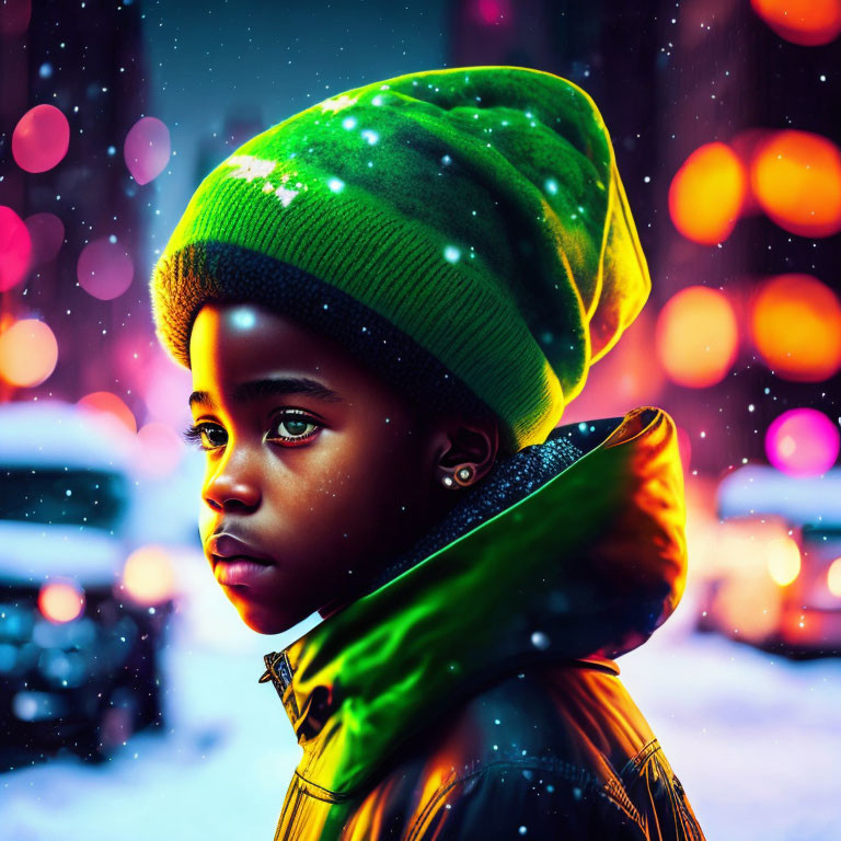 Child in Green Beanie and Yellow Jacket Amid Vibrant Bokeh Lights