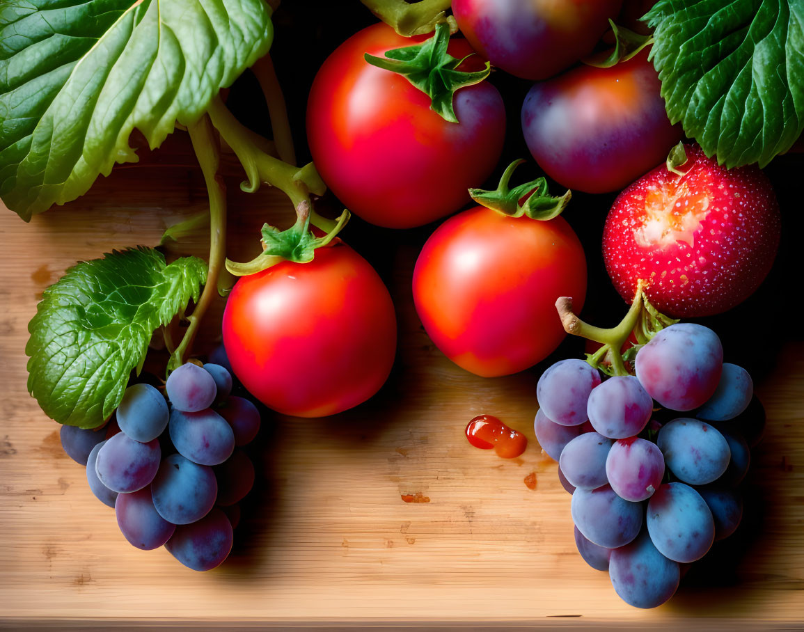 Colorful fresh tomatoes and blue grapes on wooden surface