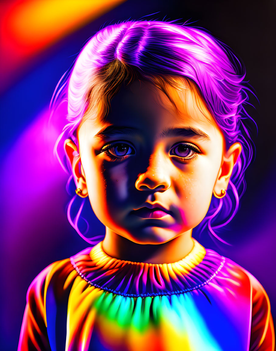 Colorful digital portrait of a young girl with luminous lighting