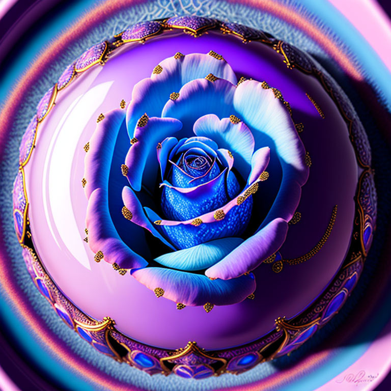 Blue Rose Digital Artwork with Gold Accents in Ornate Purple and Pink Bubble