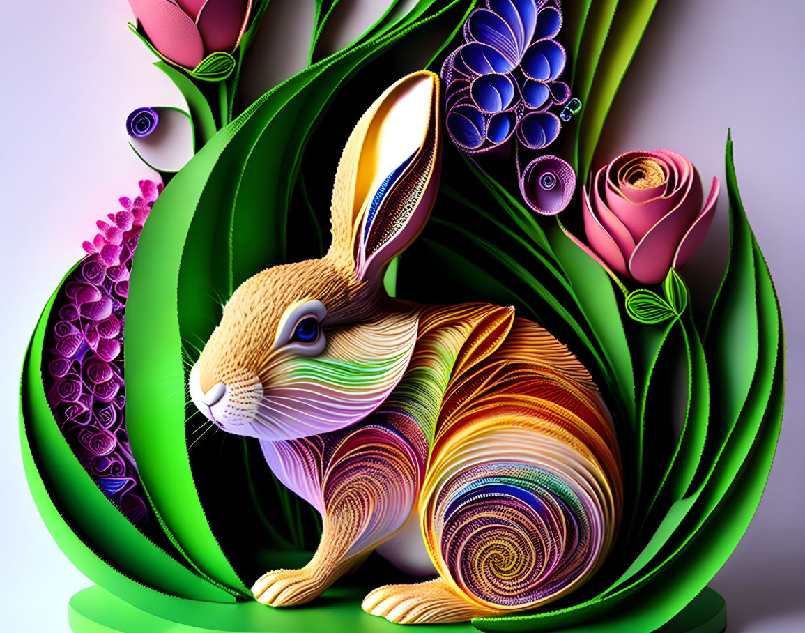 Vibrant digital artwork: Rabbit with swirling patterns in whimsical 3D illustration