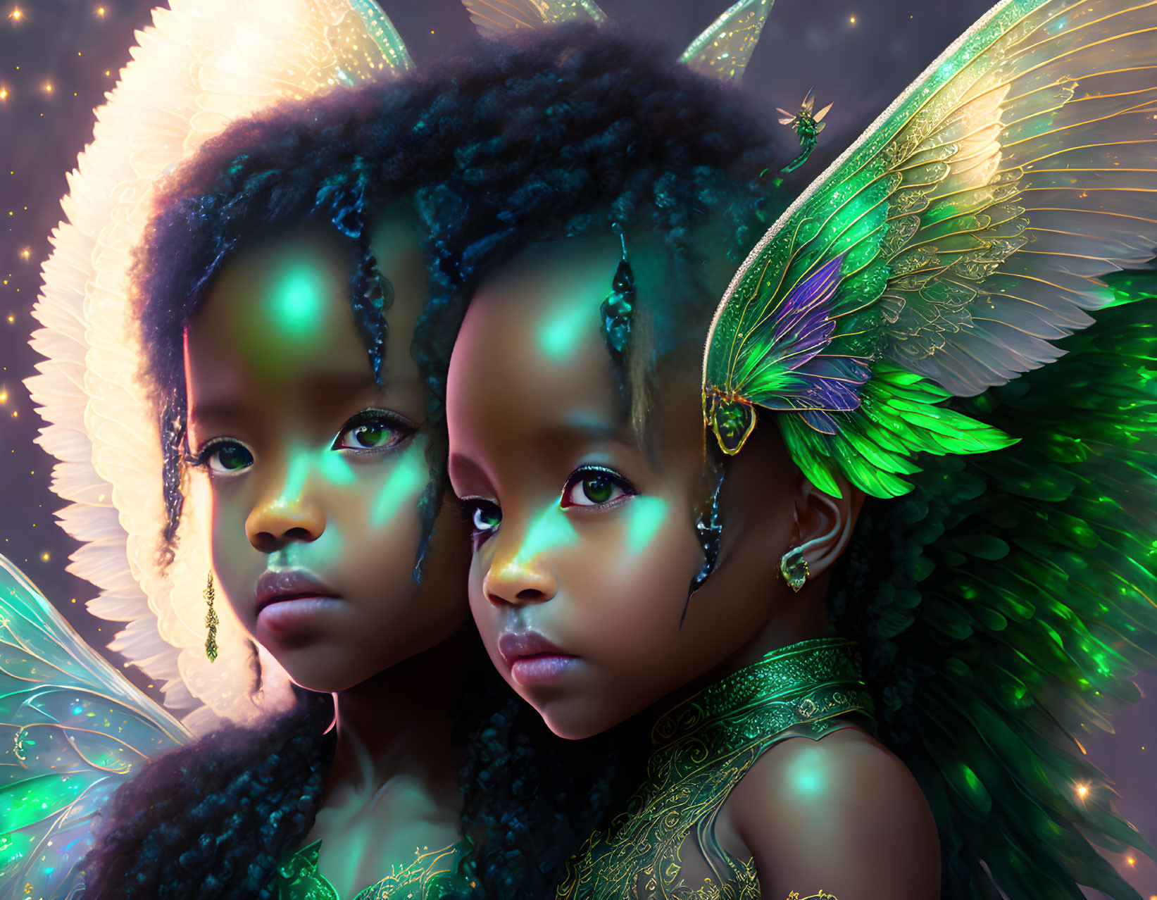 Children with Dark Curly Hair and Green Butterfly Wings in Mystical Light