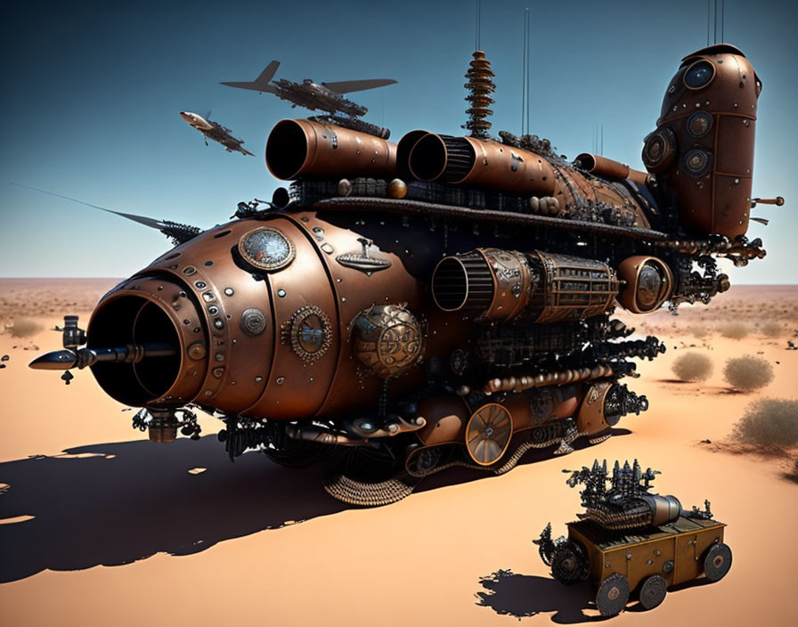 Steampunk-style airship over desert with retrofuturistic crafts