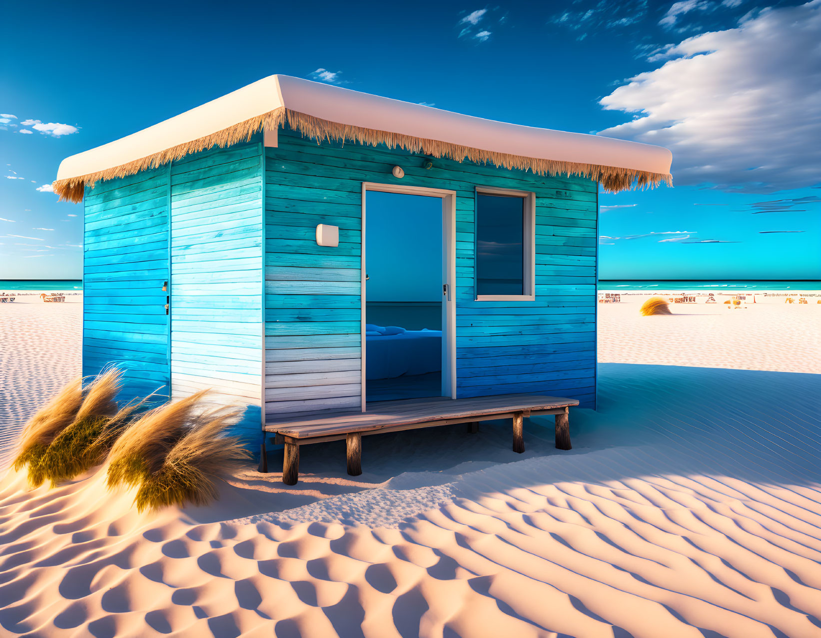 Blue beach hut with straw roof on wooden platform in white sands under clear blue sky