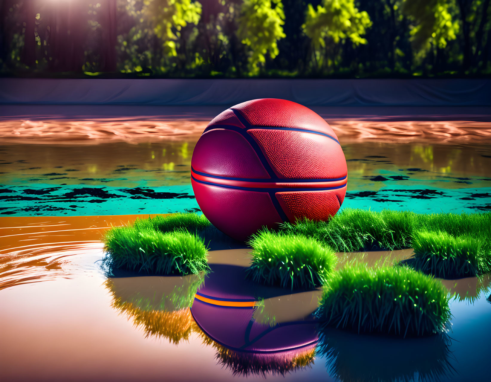 Basketball on grass patches with water reflection and scenic background