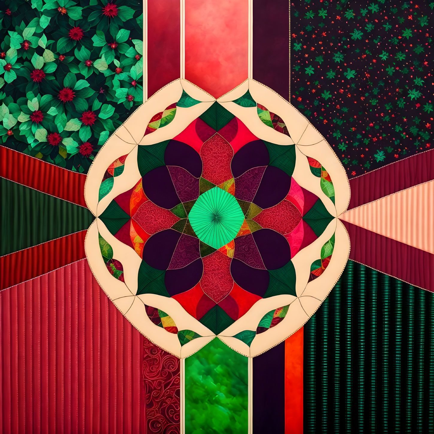 Colorful Mandala Design with Green, Red, and Intricate Patterns