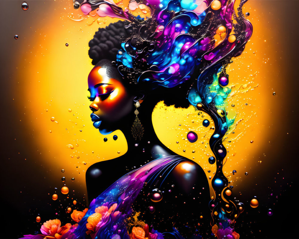 Colorful digital artwork of woman with flowing hair and makeup amidst dynamic swirls and floral elements on dark