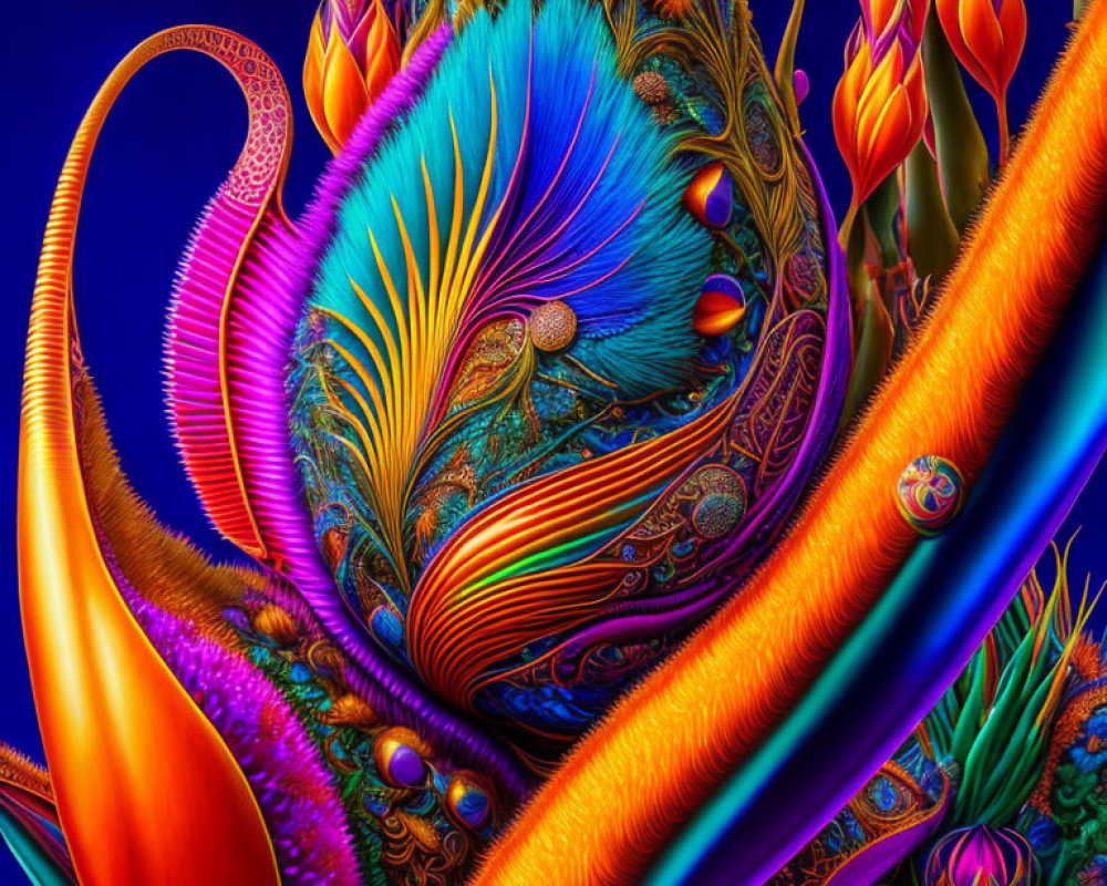 Abstract digital art with vibrant peacock feather patterns and glowing textures