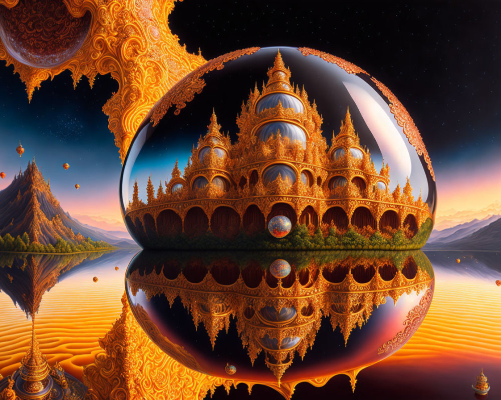 Fantastical landscape with ornate golden palace, mountains, and orange sky