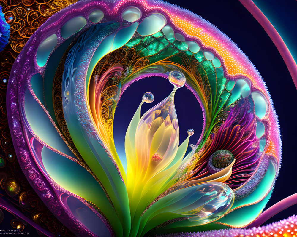 Colorful fractal digital art with floral patterns and swirling shapes