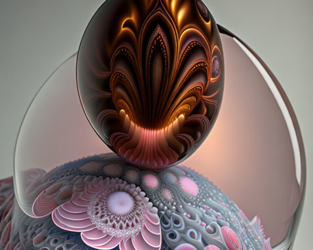 Intricate 3D fractal design with shell-like patterns in warm and cool tones