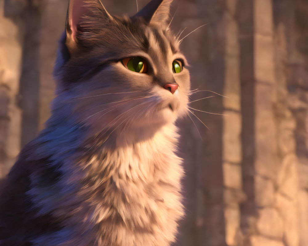 Grey and White 3D-Animated Cat with Green Eyes in Sunlit Ancient Ruins