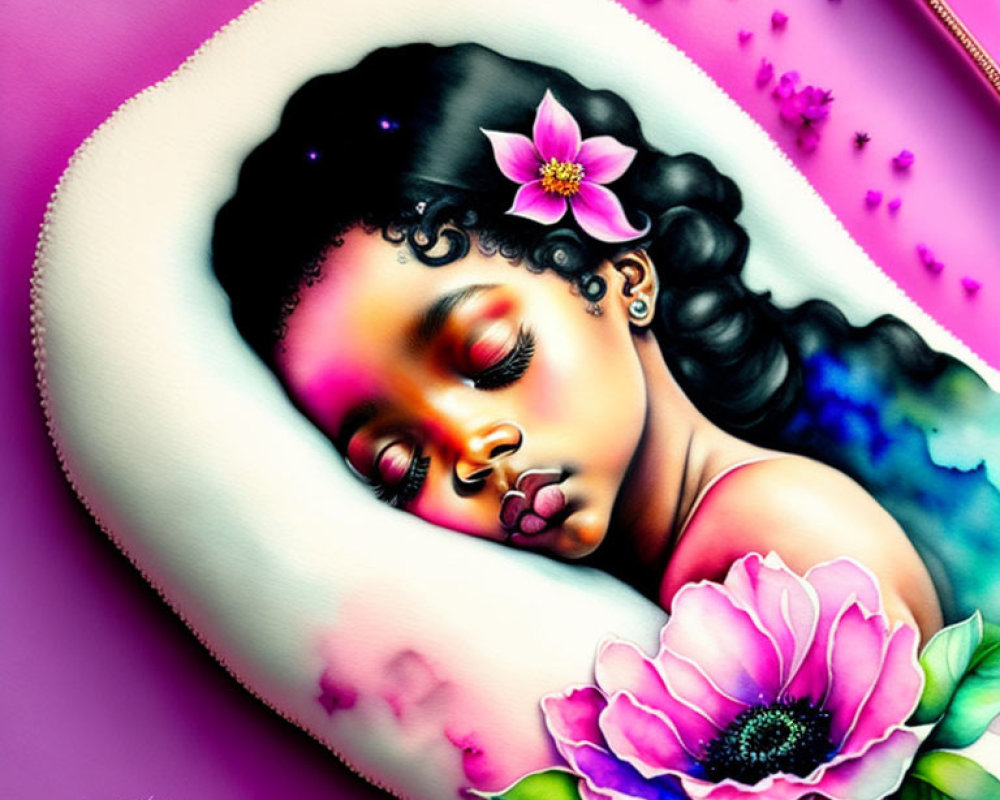 Vivid Sleeping Girl with Dark Hair Surrounded by Pink Flowers