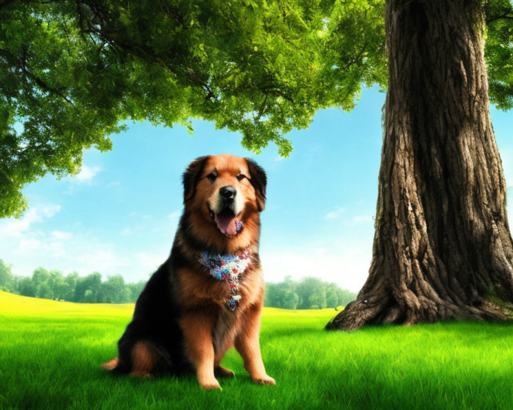 Brown and Black Dog with Blue Collar Sitting Under Tree on Grass