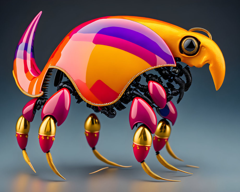 Colorful Robotic Flea with Gold-Tipped Legs on Gradient Background