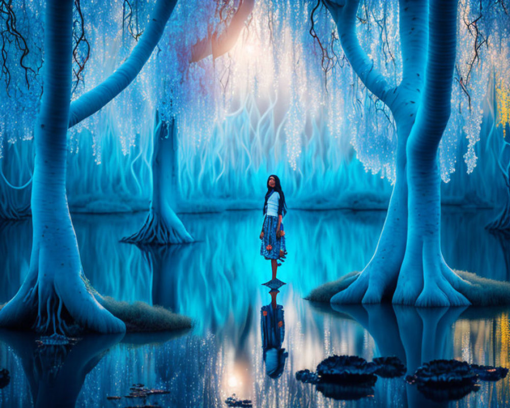 Person in Vibrant Blue Forest with Glowing Trees and Reflection