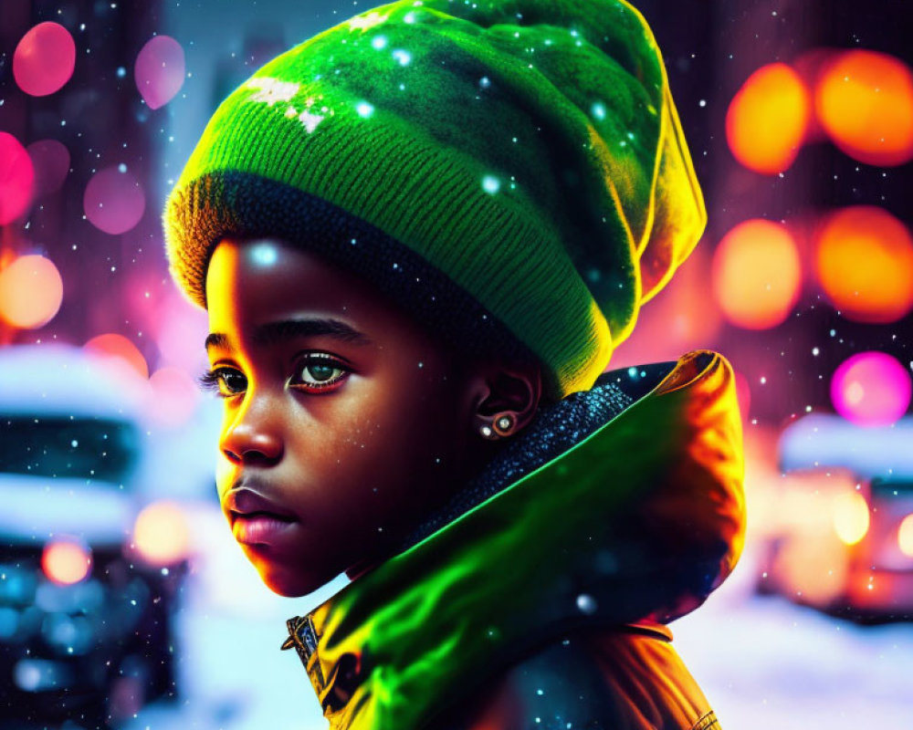 Child in Green Beanie and Yellow Jacket Amid Vibrant Bokeh Lights