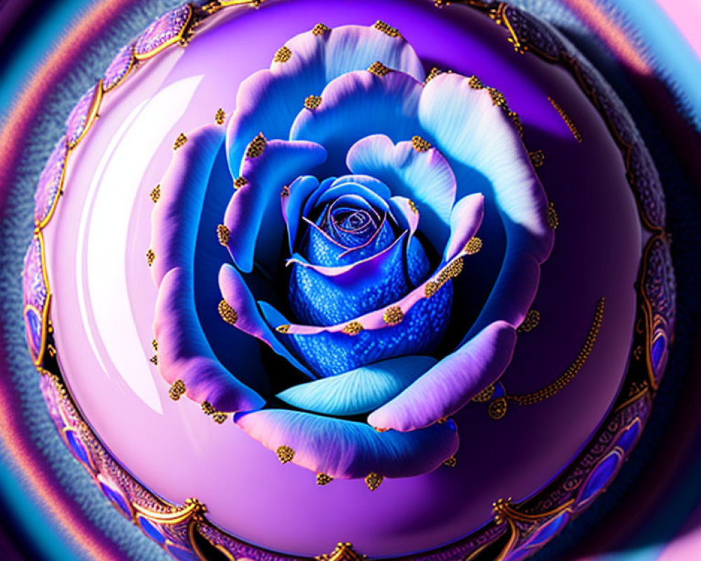 Blue Rose Digital Artwork with Gold Accents in Ornate Purple and Pink Bubble