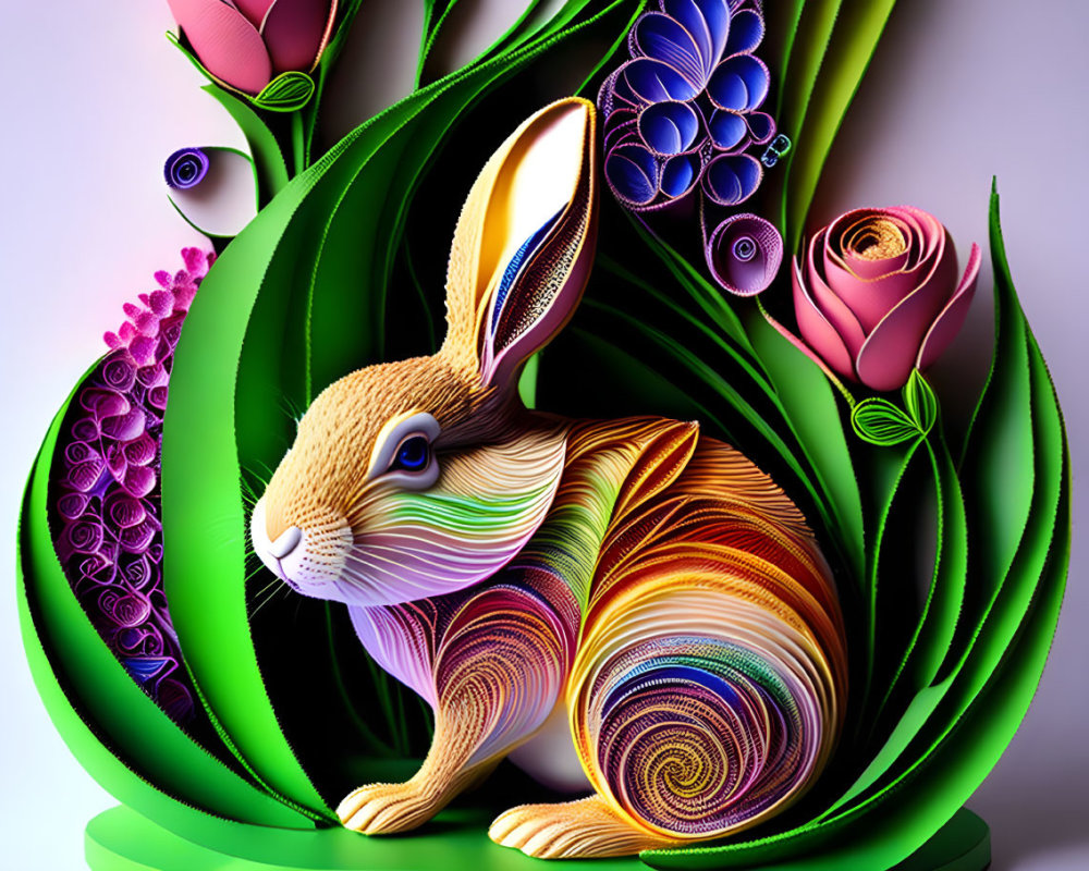 Vibrant digital artwork: Rabbit with swirling patterns in whimsical 3D illustration