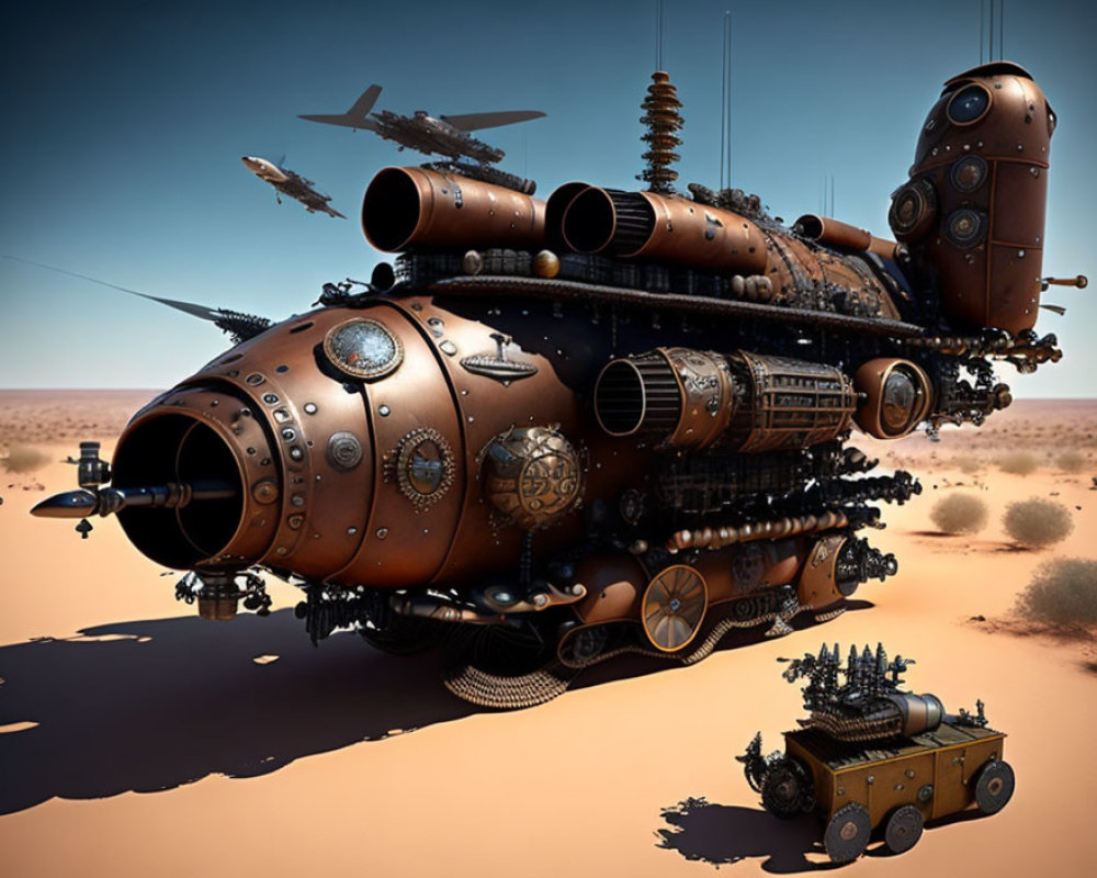 Steampunk-style airship over desert with retrofuturistic crafts