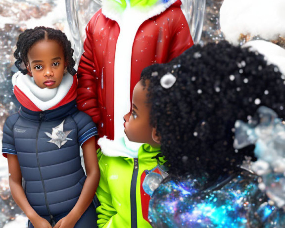 Three children in winter attire with unique outfits in snowy setting