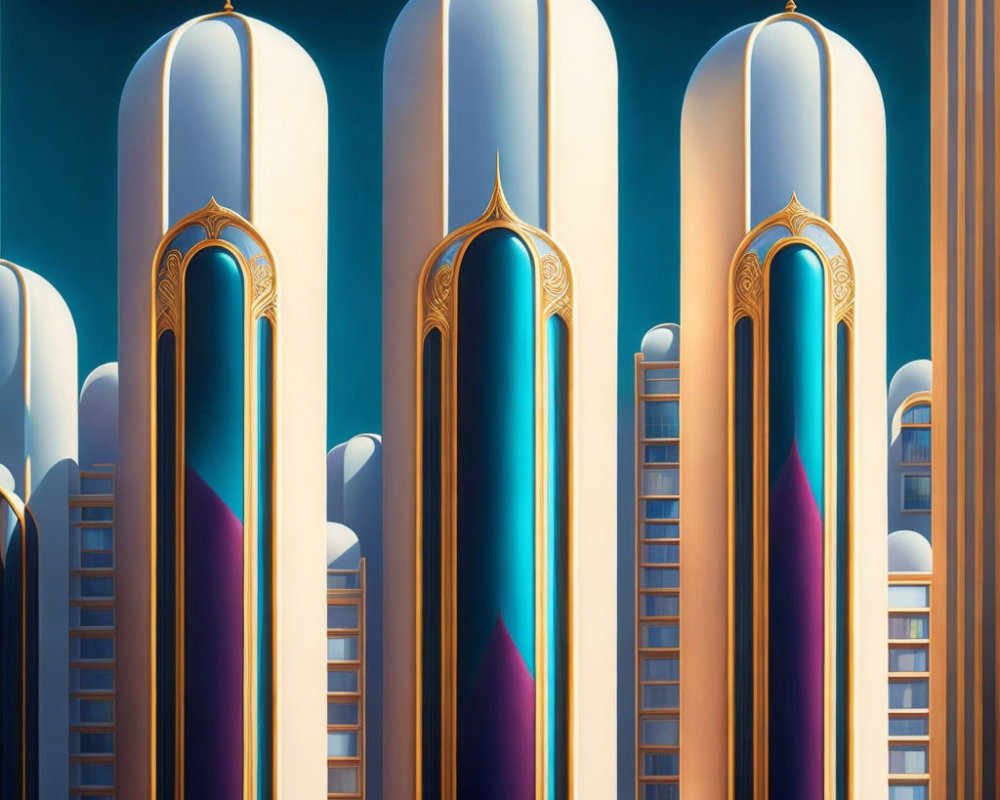 Modern Art Deco Towers with Golden Arches at Dawn/Dusk Sky