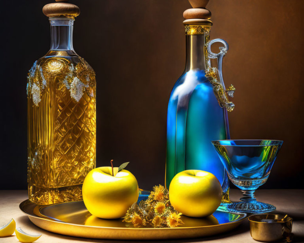 Glass Bottles, Apples, Glass, Flowers, Ribbon on Tray against Dark Backdrop