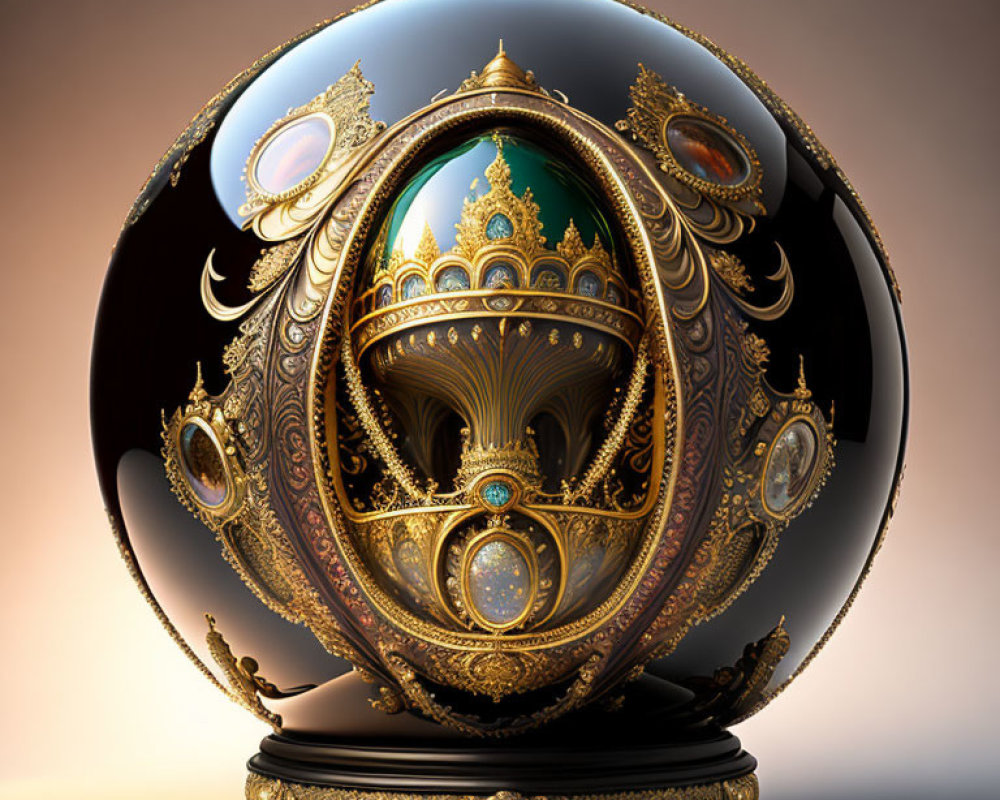 Regal golden spherical object with intricate crown-like design on warm backdrop