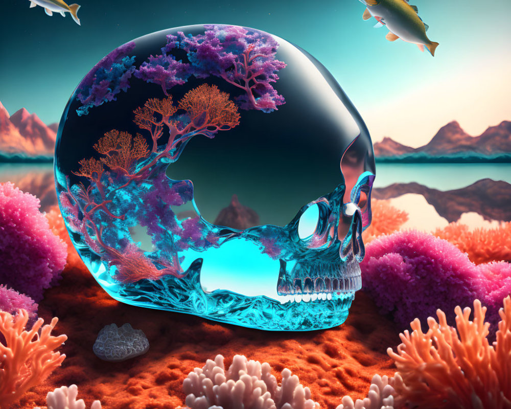 Surreal transparent skull-shaped aquarium with vibrant coral in otherworldly landscape