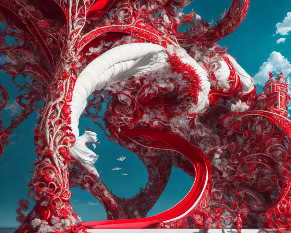 Intricate red and white fractal design with spiraling patterns and castle-like element