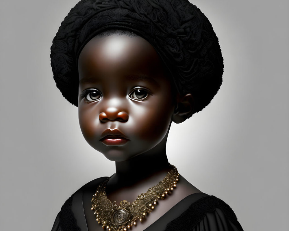 Child with dark skin in textured black hat and gold necklace