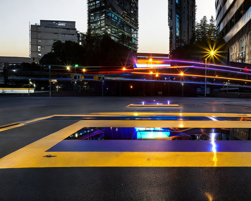 Twilight city street with vehicle light trails on wet pavement