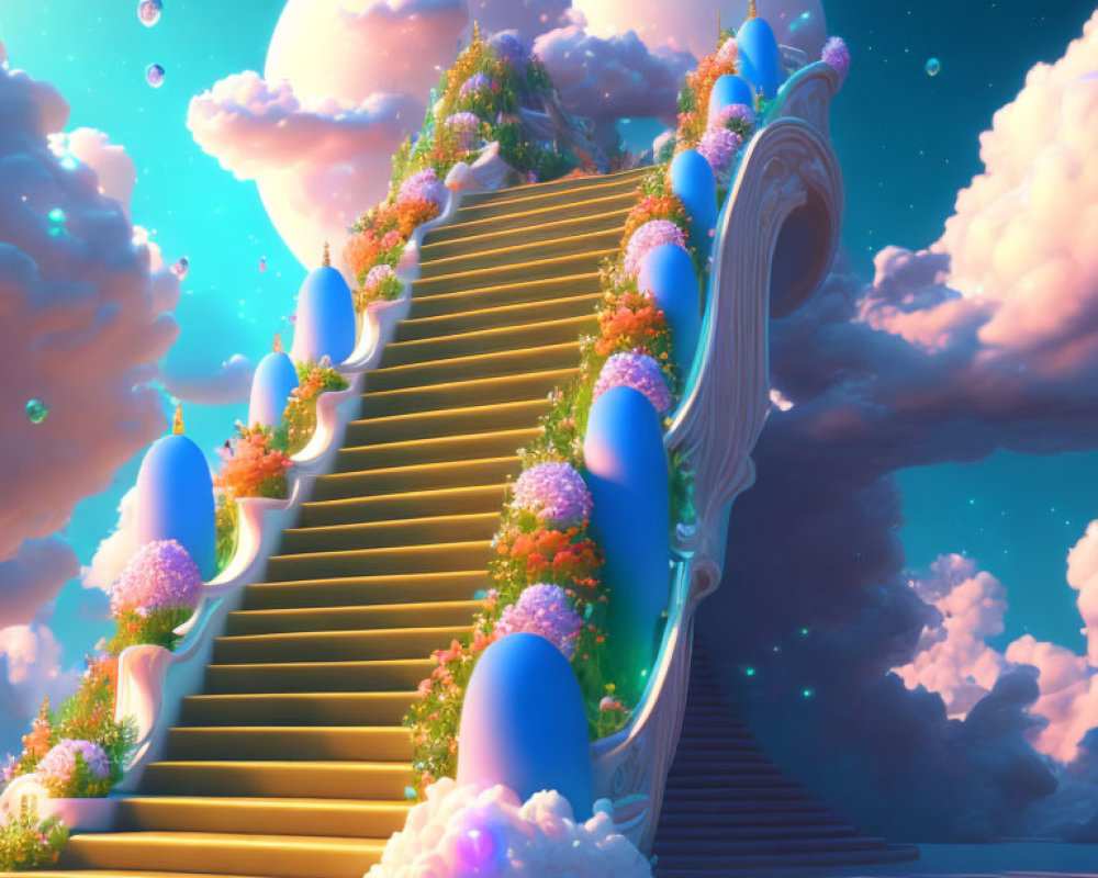 Whimsical staircase leading to floating cotton-like islands in serene blue sky