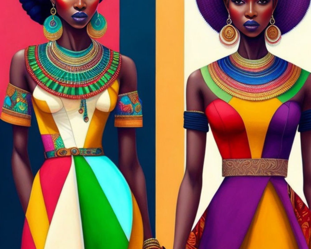 Colorful digital art: Two women with elaborate hairstyles and African-inspired attire