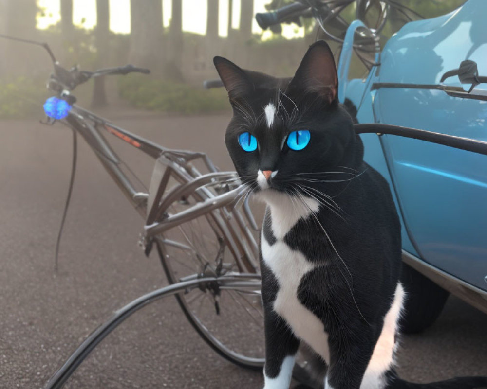 Black and White Cat with Blue Eyes by Bicycle and Blue Car