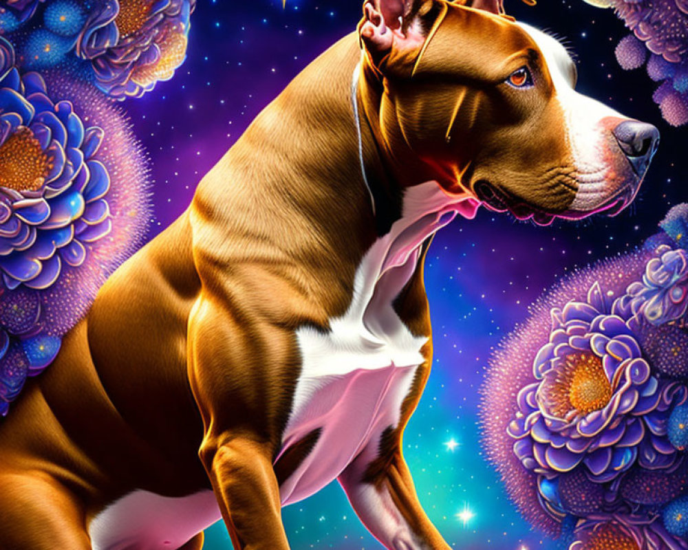 Brown and White Dog in Cosmic Nebula Background