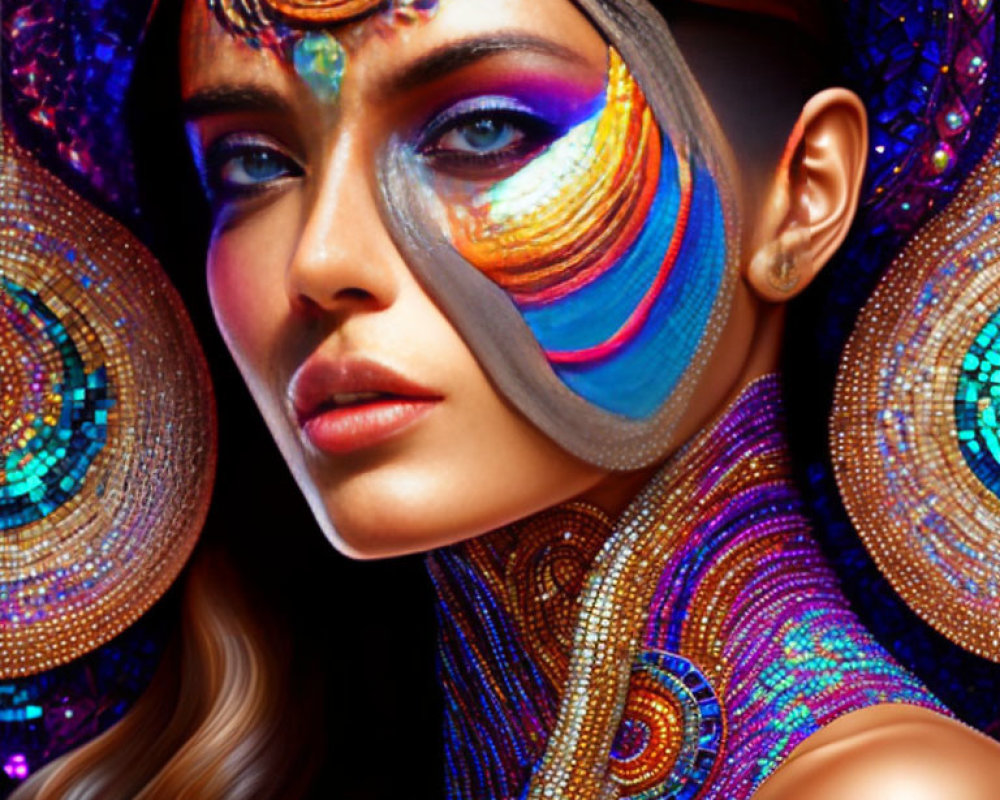 Colorful Woman with Face Paint and Sequined Headgear