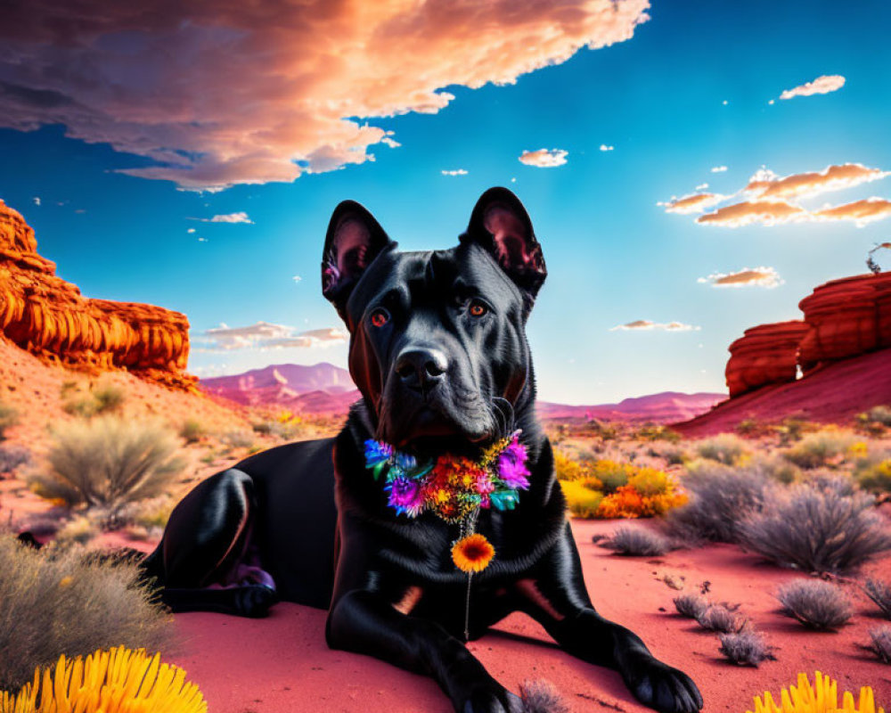 Black Dog with Floral Necklace Resting on Desert Sand Amid Vibrant Landscape