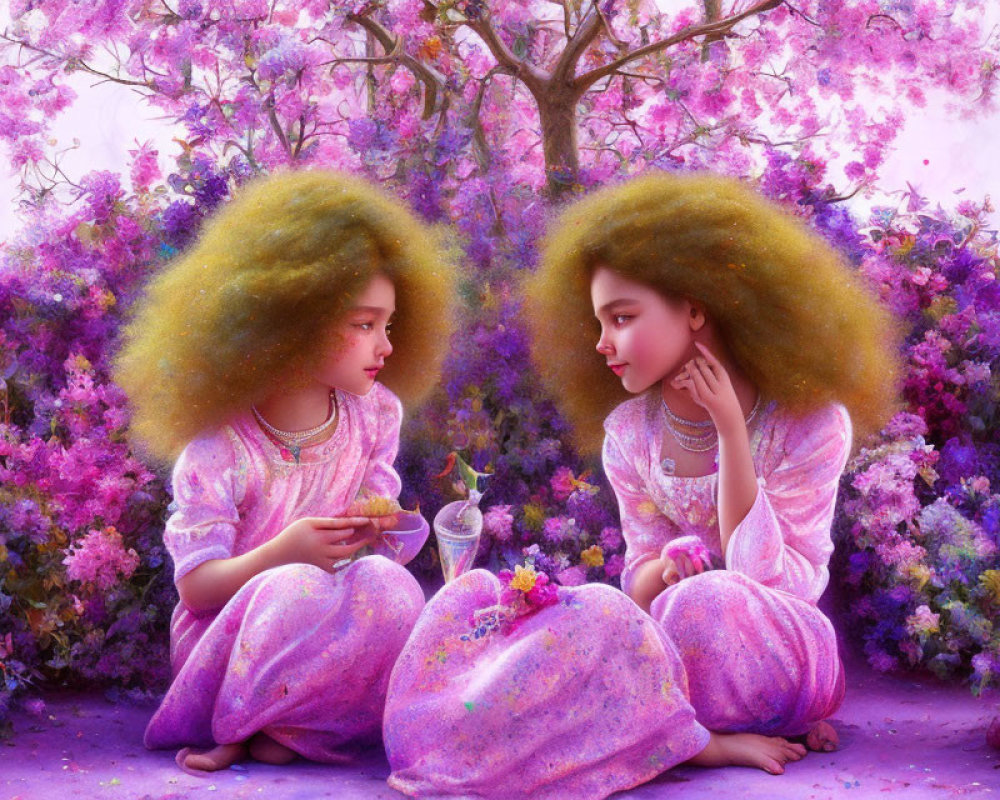 Two girls with voluminous hair in sparkling outfits among vibrant flowers