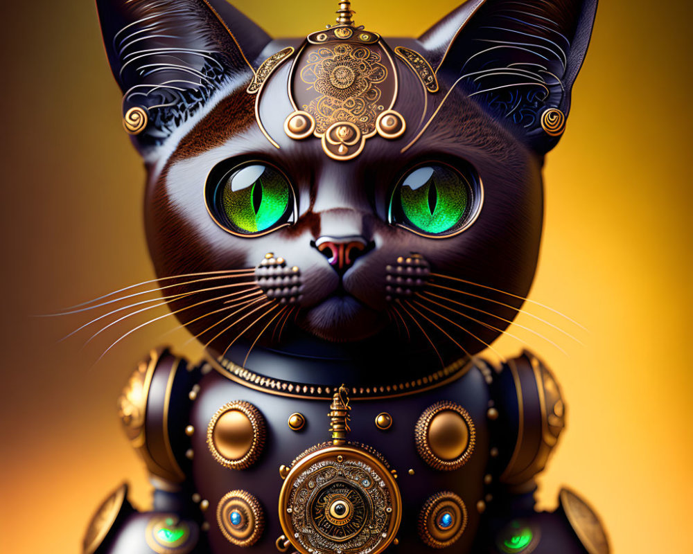 Steampunk-style cat digital illustration with large green eyes on warm yellow background