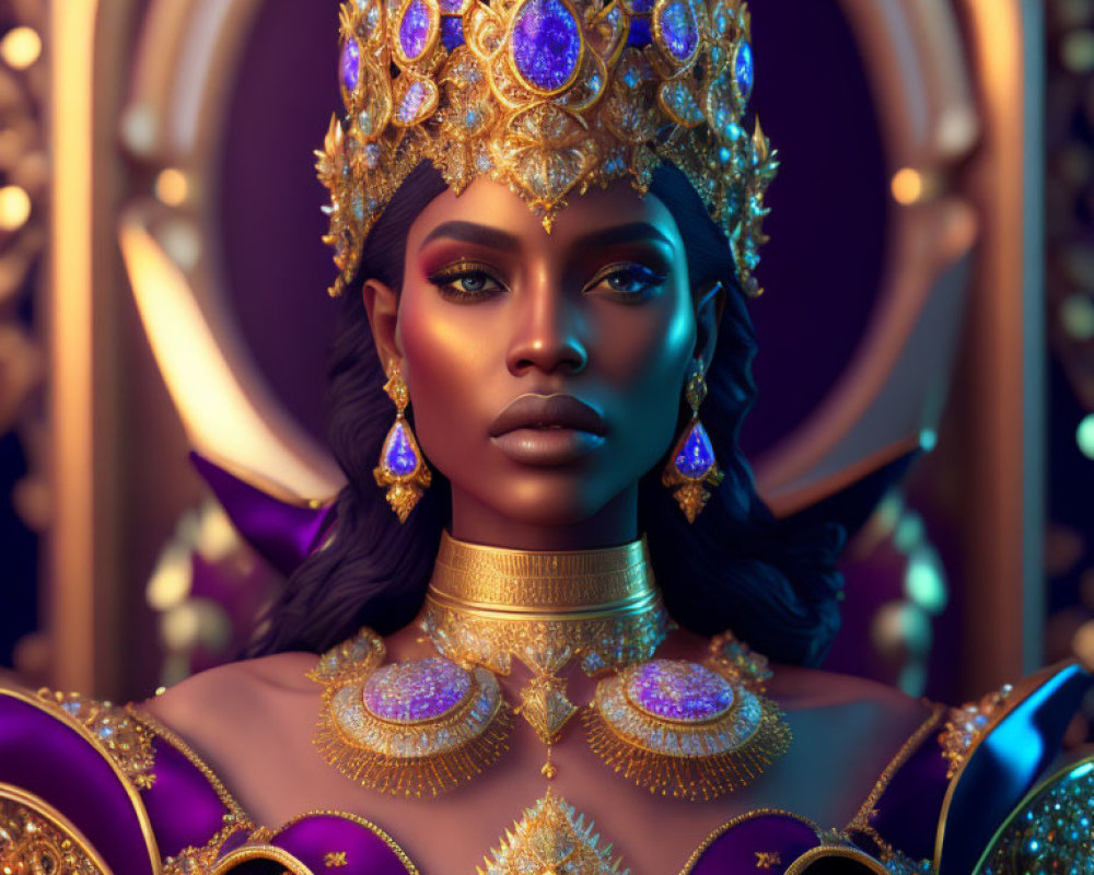 Dark-skinned woman in gold crown and sapphire jewelry exudes regal elegance.