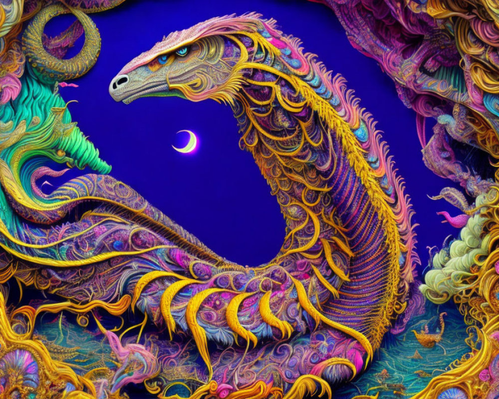 Colorful Mythical Dragon Artwork on Dark Blue Background