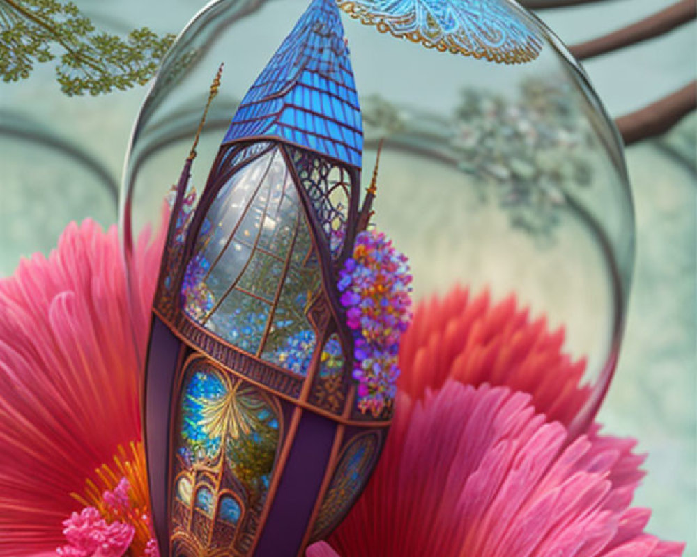 Glass perfume bottle with stained-glass details on pink flowers.