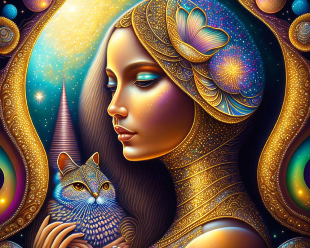 Surreal portrait of woman in golden attire with butterfly and owl in cosmic setting