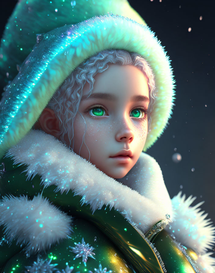 Child with Green Eyes and Curly Hair in Sparkly Winter Coat under Snowy Sky