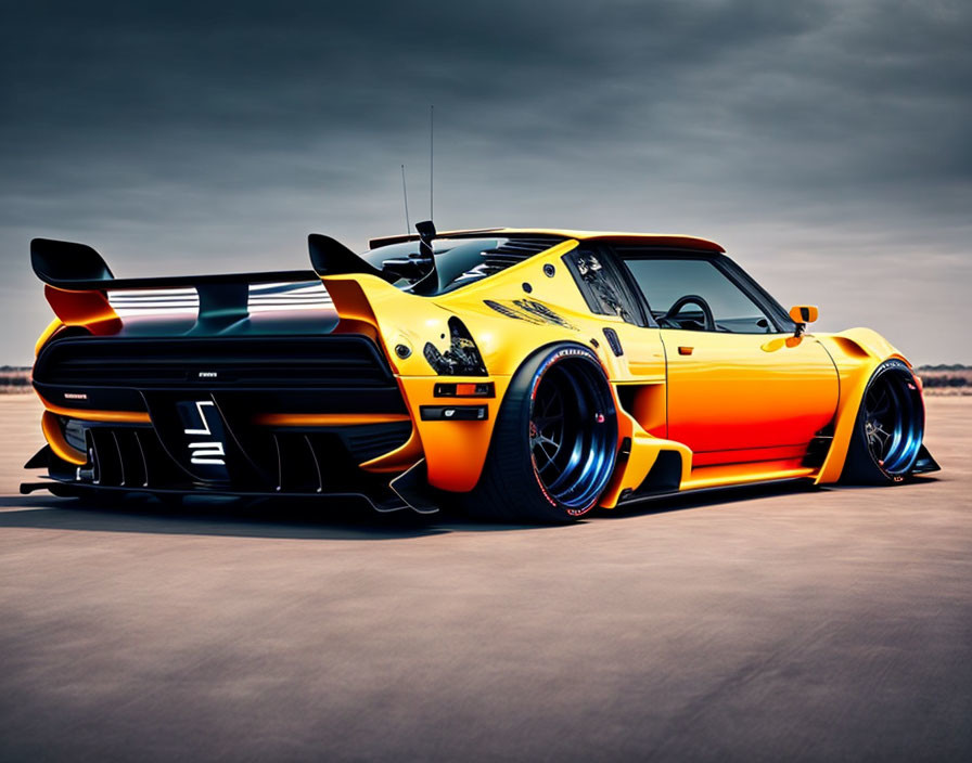 Customized Sports Car with Yellow and Orange Livery and Rear Wing