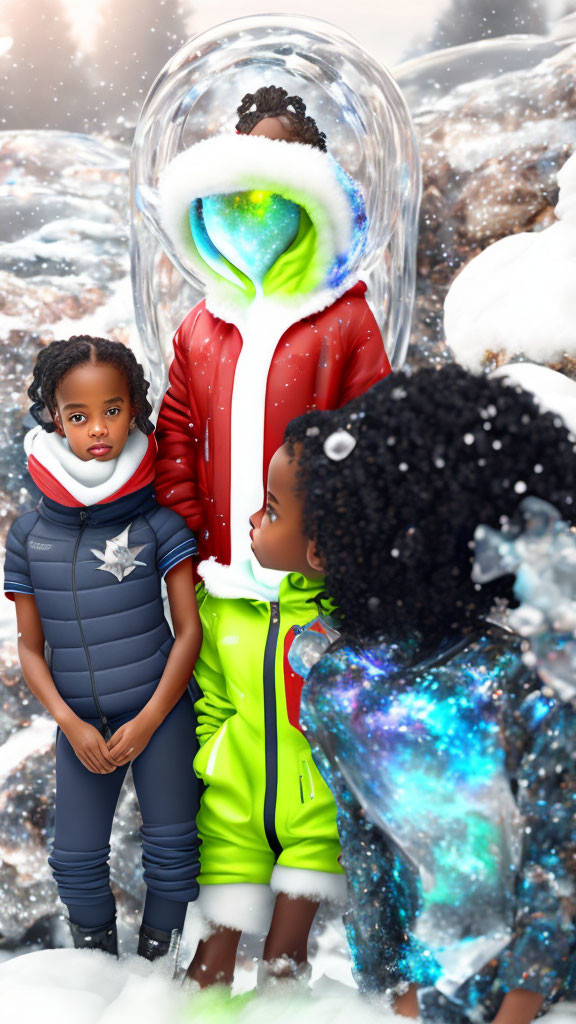 Three children in winter attire with unique outfits in snowy setting