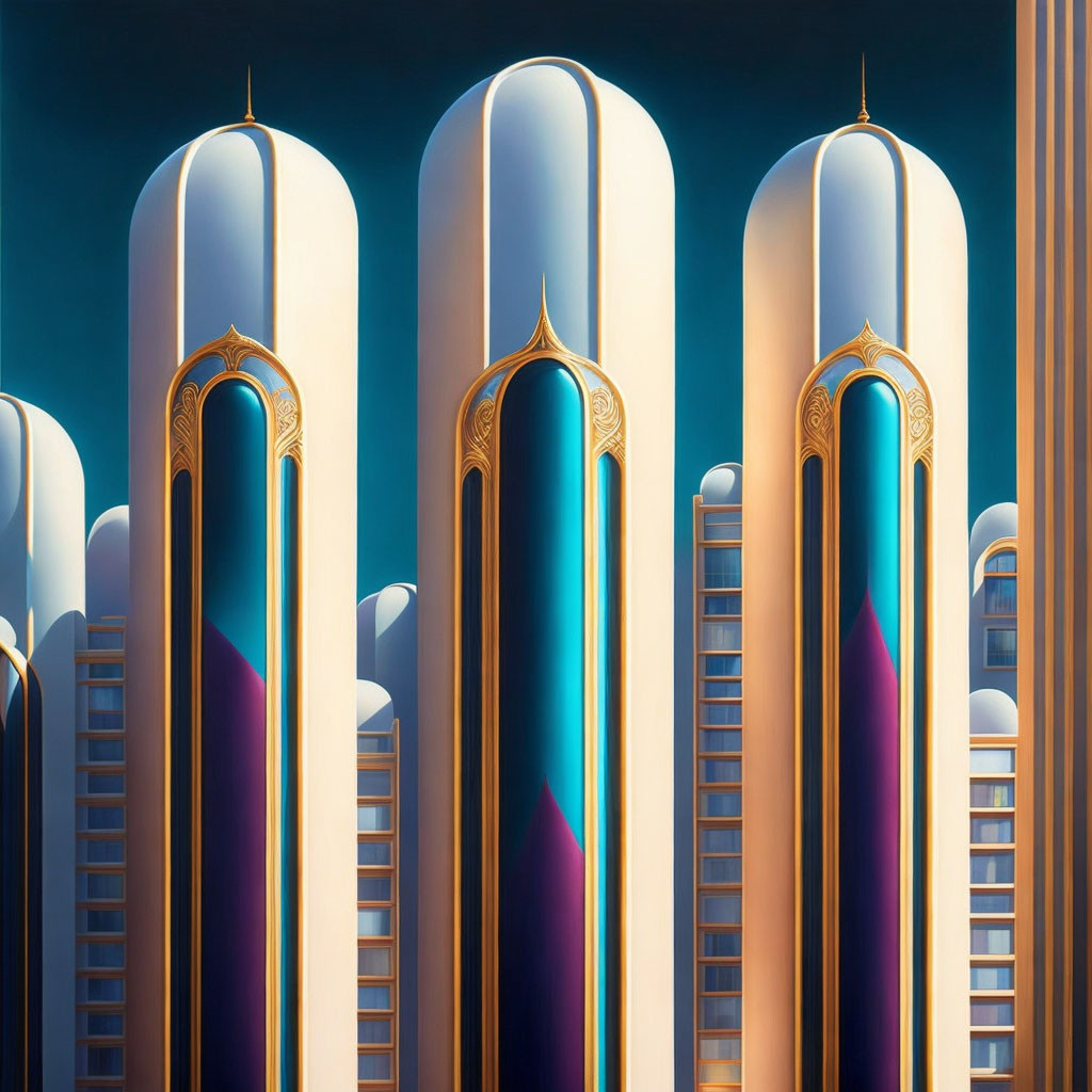 Modern Art Deco Towers with Golden Arches at Dawn/Dusk Sky